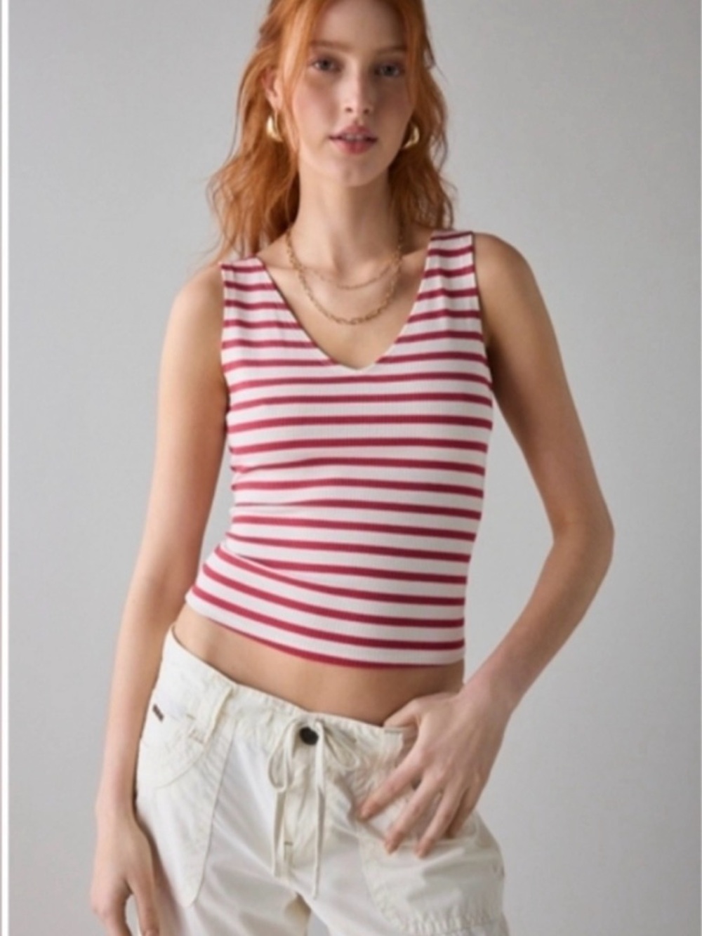 BDG Red & White Striped V-Neck Ribbed Tank Top Size M